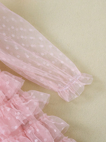 Young Girl Elegant Lace Polka Dot Mesh Long Sleeve Party Dress, Suitable For Spring/Autumn