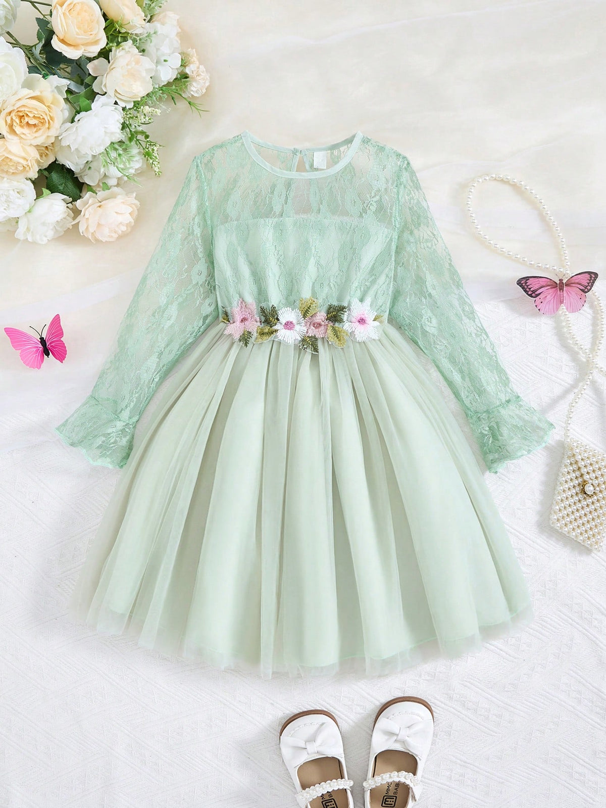 Young Girl Elegant Lace & Mesh Spliced Floral Waist Design Long Sleeve Princess Dress, Formal Gown