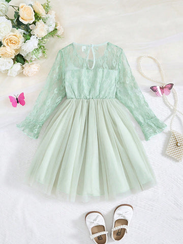 Young Girl Elegant Lace & Mesh Spliced Floral Waist Design Long Sleeve Princess Dress, Formal Gown