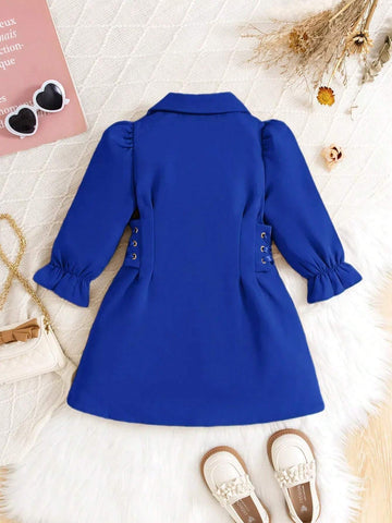 Young Girl Elegant Lady Gentleman Dress, With Peter Pan Collar, Double-Breasted, Waist Drawstring Design And Puff Long Sleeves