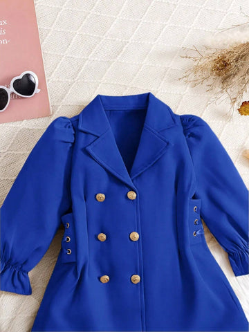 Young Girl Elegant Lady Gentleman Dress, With Peter Pan Collar, Double-Breasted, Waist Drawstring Design And Puff Long Sleeves