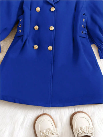 Young Girl Elegant Lady Gentleman Dress, With Peter Pan Collar, Double-Breasted, Waist Drawstring Design And Puff Long Sleeves