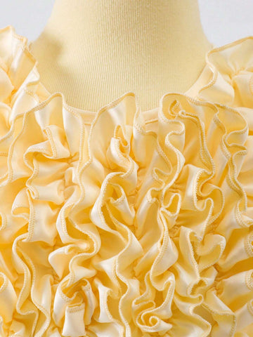 Young Girl Elegant Layered Ruffle Hem Princess Dress With 3D Floral Embellishment