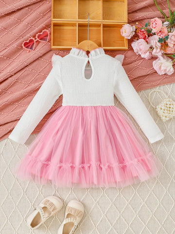 Young Girl Elegant Long Sleeve Ruffled Net Tulle Princess Dress, Suitable For Spring And Autumn