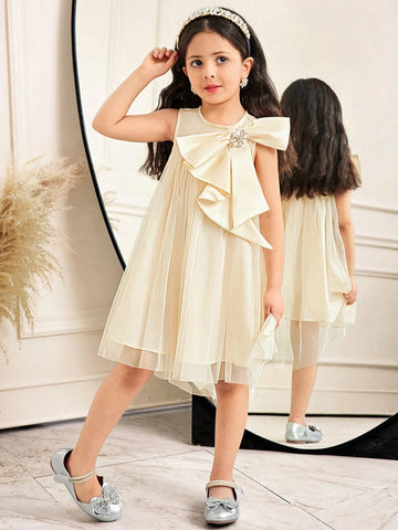 Young Girl Elegant Loose Casual Round Neck Sleeveless A-Line Dress With Oversized Bow & Rhinestone Decor, Tulle Skirt