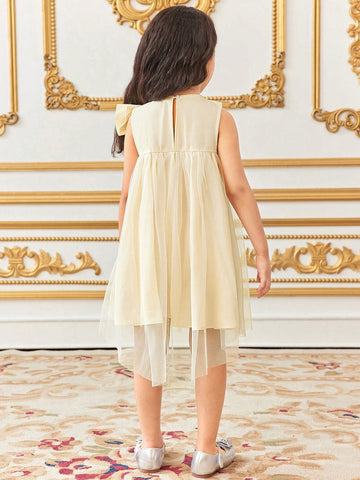 Young Girl Elegant Loose Casual Round Neck Sleeveless A-Line Dress With Oversized Bow & Rhinestone Decor, Tulle Skirt