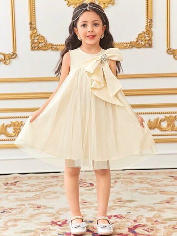 Young Girl Elegant Loose Casual Round Neck Sleeveless A-Line Dress With Oversized Bow & Rhinestone Decor, Tulle Skirt