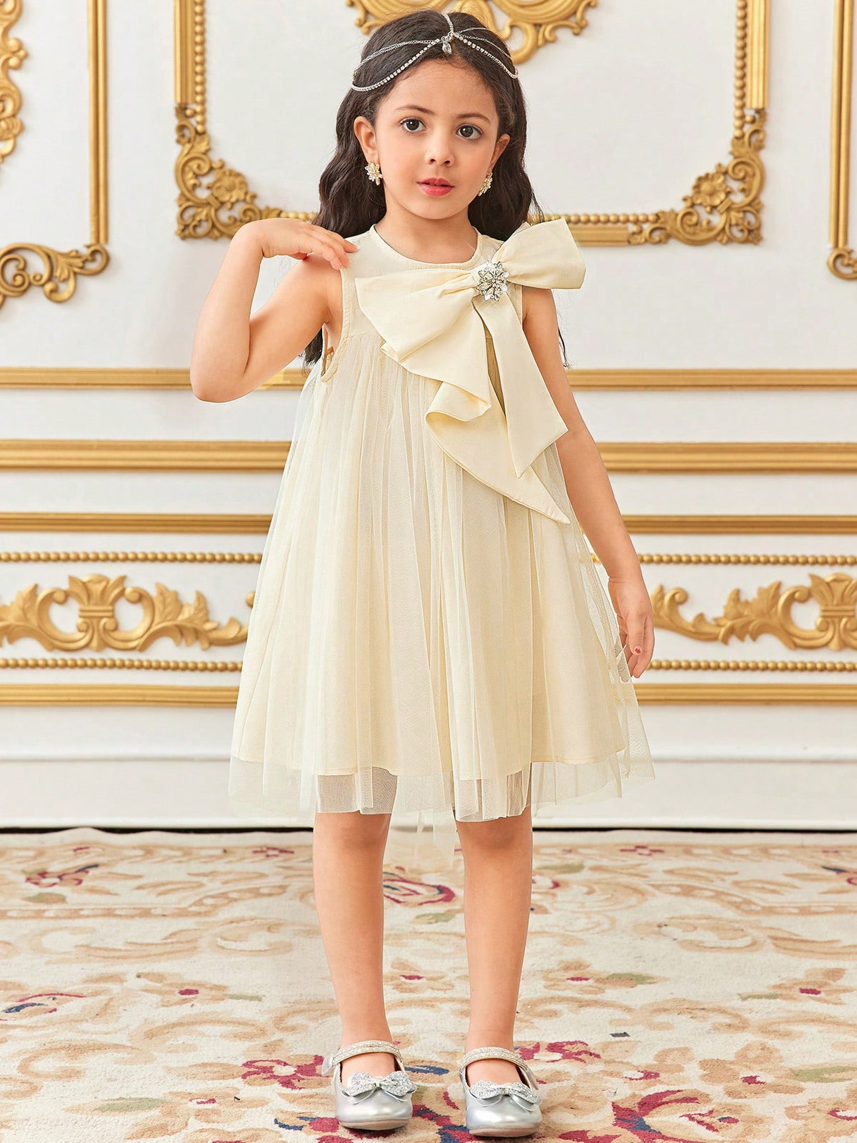 Young Girl Elegant Loose Casual Round Neck Sleeveless A-Line Dress With Oversized Bow & Rhinestone Decor, Tulle Skirt