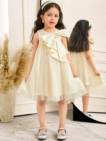 Young Girl Elegant Loose Casual Round Neck Sleeveless A-Line Dress With Oversized Bow & Rhinestone Decor, Tulle Skirt