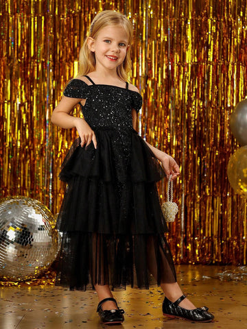 Young Girl' Elegant Luxurious Tulle Layered Princess Dress, Suitable For Wedding, Party, Family Gathering Events