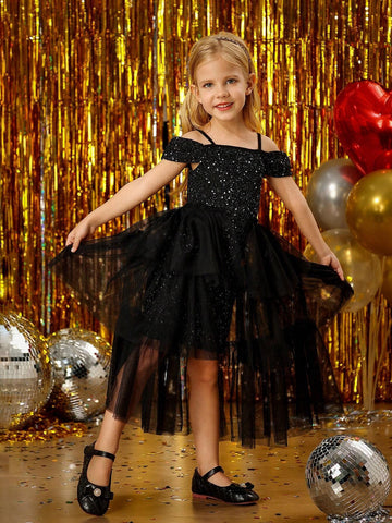 Young Girl' Elegant Luxurious Tulle Layered Princess Dress, Suitable For Wedding, Party, Family Gathering Events