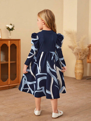 Young Girl Elegant Mixed Geometric Pattern Long Sleeve Mid-Length Dress