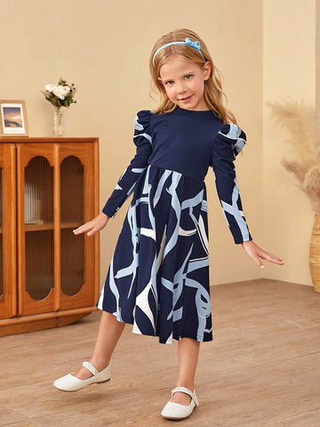 Young Girl Elegant Mixed Geometric Pattern Long Sleeve Mid-Length Dress