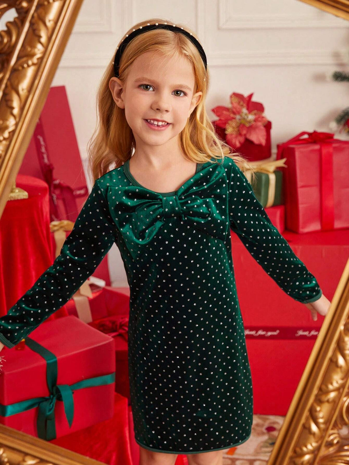 Young Girl Elegant Noble Luxury Fashion Princess Green Velvet Rhinestone Bow Decor Long Sleeve Bodycon Party Dress