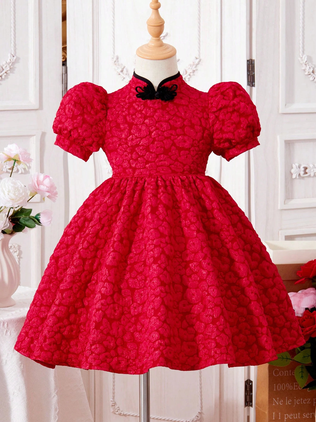 Young Girl Elegant Party Jacquard Stand Collar Button Puff Sleeve Dress