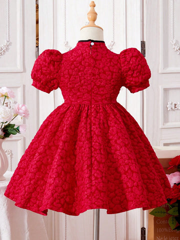 Young Girl Elegant Party Jacquard Stand Collar Button Puff Sleeve Dress