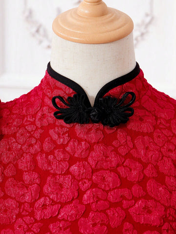 Young Girl Elegant Party Jacquard Stand Collar Button Puff Sleeve Dress