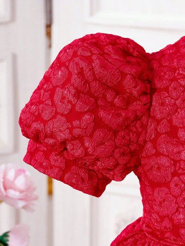 Young Girl Elegant Party Jacquard Stand Collar Button Puff Sleeve Dress