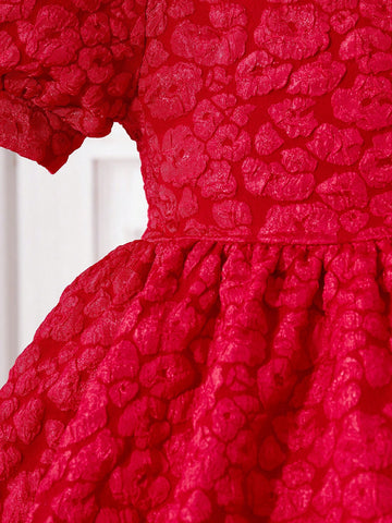 Young Girl Elegant Party Jacquard Stand Collar Button Puff Sleeve Dress