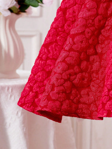 Young Girl Elegant Party Jacquard Stand Collar Button Puff Sleeve Dress