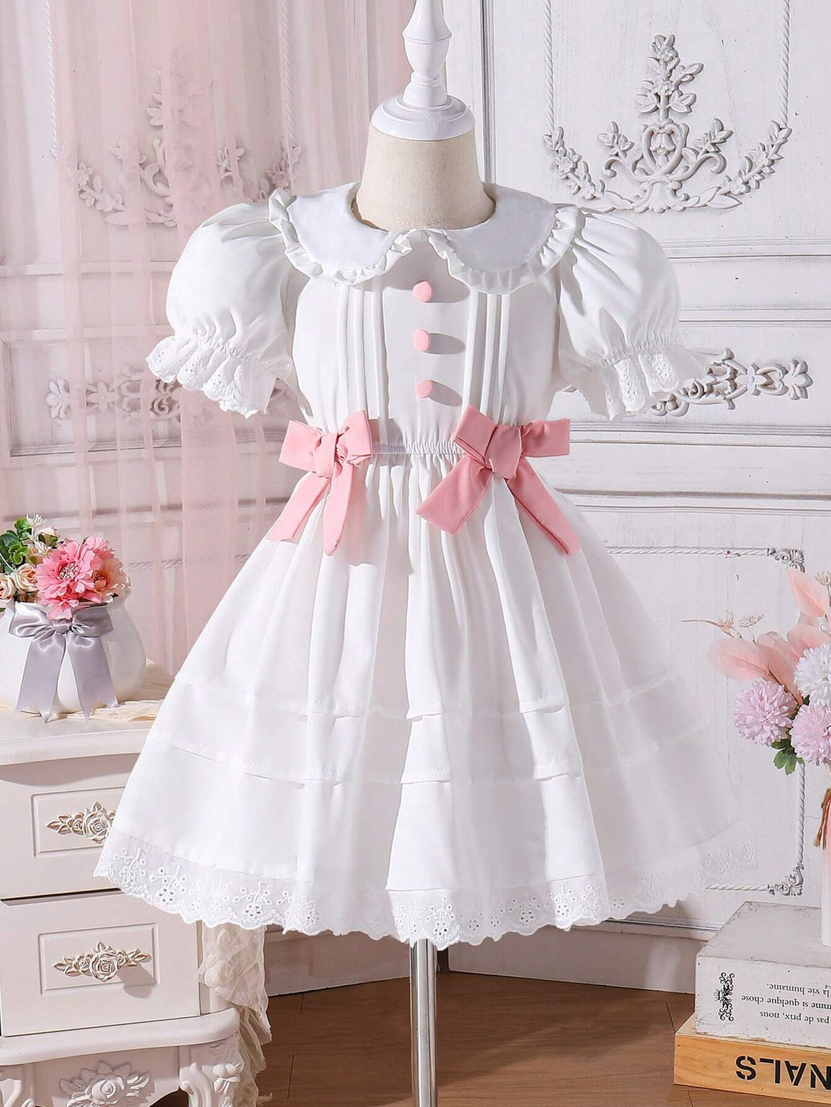 Young Girl Elegant Peter Pan Collar Puff Sleeve Bow Detail Dress, For Wedding Season, Flower Girl, Spring/Summer