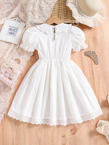 Young Girl Elegant Peter Pan Collar Puff Sleeve Bow Detail Dress, For Wedding Season, Flower Girl, Spring/Summer