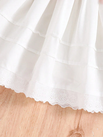 Young Girl Elegant Peter Pan Collar Puff Sleeve Bow Detail Dress, For Wedding Season, Flower Girl, Spring/Summer
