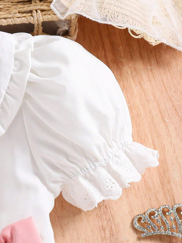 Young Girl Elegant Peter Pan Collar Puff Sleeve Bow Detail Dress, For Wedding Season, Flower Girl, Spring/Summer