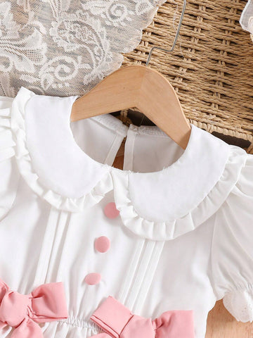 Young Girl Elegant Peter Pan Collar Puff Sleeve Bow Detail Dress, For Wedding Season, Flower Girl, Spring/Summer