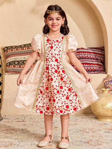 Young Girl Elegant Polka Dot Mesh Embroidery Puff Sleeve Splice Dress