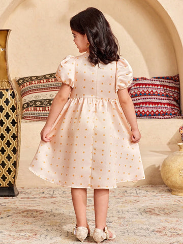 Young Girl Elegant Polka Dot Mesh Embroidery Puff Sleeve Splice Dress