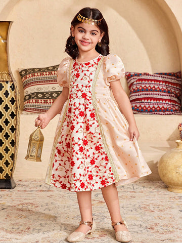 Young Girl Elegant Polka Dot Mesh Embroidery Puff Sleeve Splice Dress