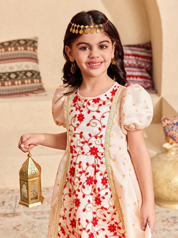 Young Girl Elegant Polka Dot Mesh Embroidery Puff Sleeve Splice Dress