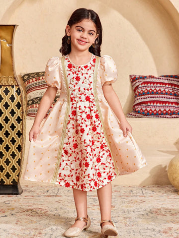 Young Girl Elegant Polka Dot Mesh Embroidery Puff Sleeve Splice Dress