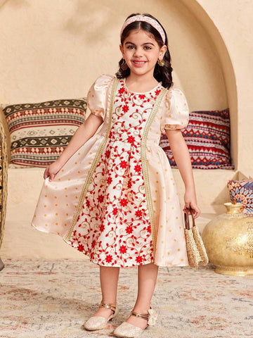 Young Girl Elegant Polka Dot Mesh Embroidery Puff Sleeve Splice Dress