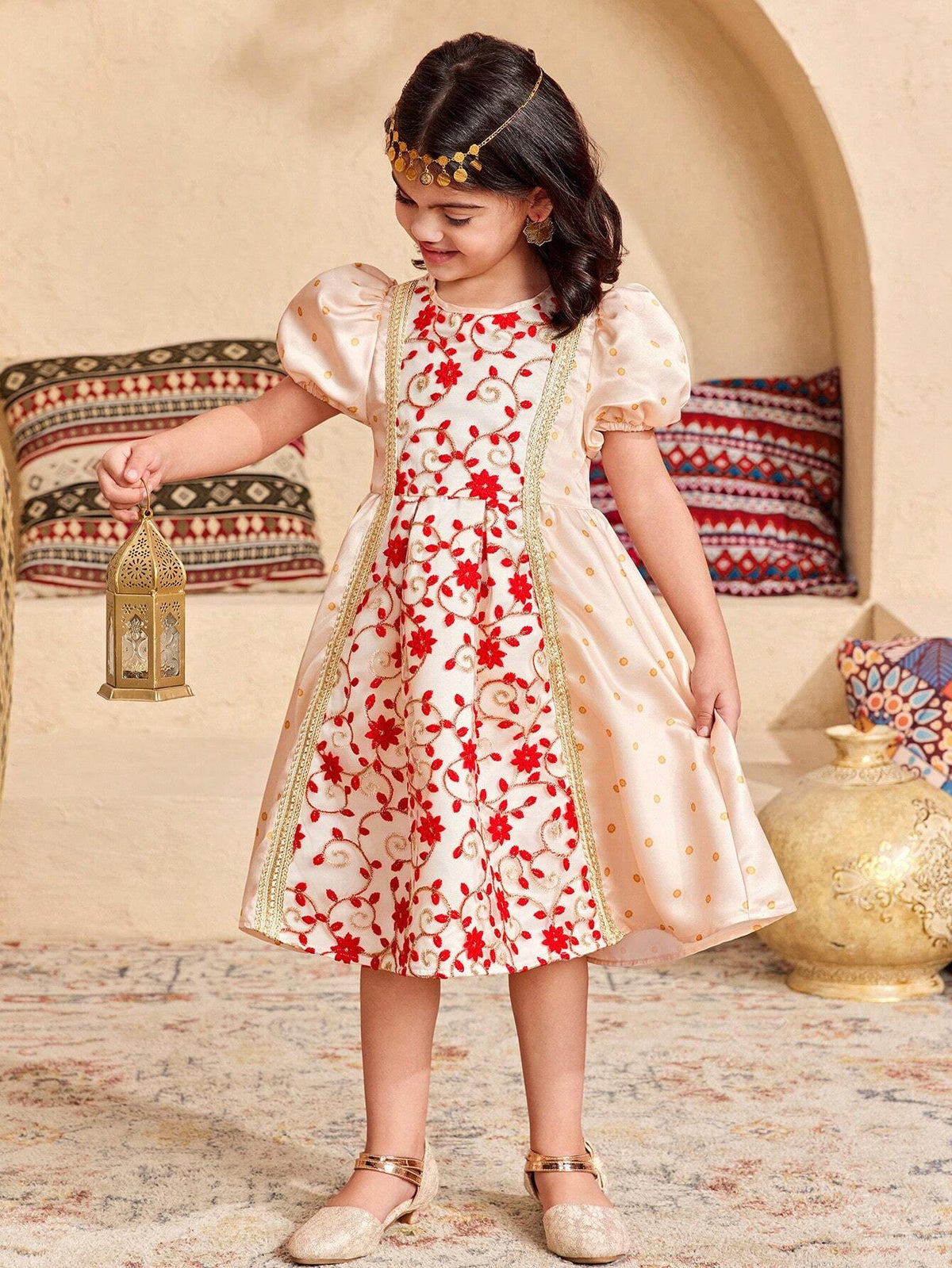 Young Girl Elegant Polka Dot Mesh Embroidery Puff Sleeve Splice Dress