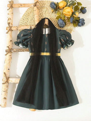 Young Girl Elegant Polka Dot Net Yarn Satin Dress