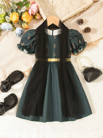 Young Girl Elegant Polka Dot Net Yarn Satin Dress