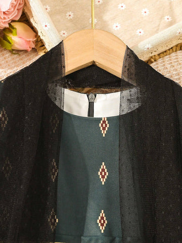 Young Girl Elegant Polka Dot Net Yarn Satin Dress