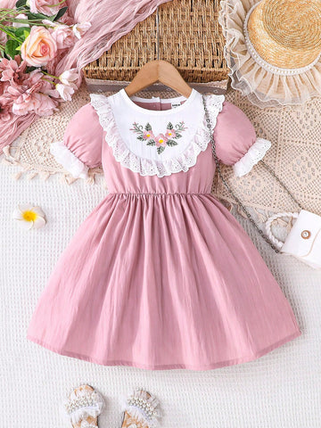 Young Girl Elegant Puff Sleeve Lace Trim Floral Embroidery Round Neck Short Sleeve Princess Dress, Suitable For Party, Beach, Holiday, Summer