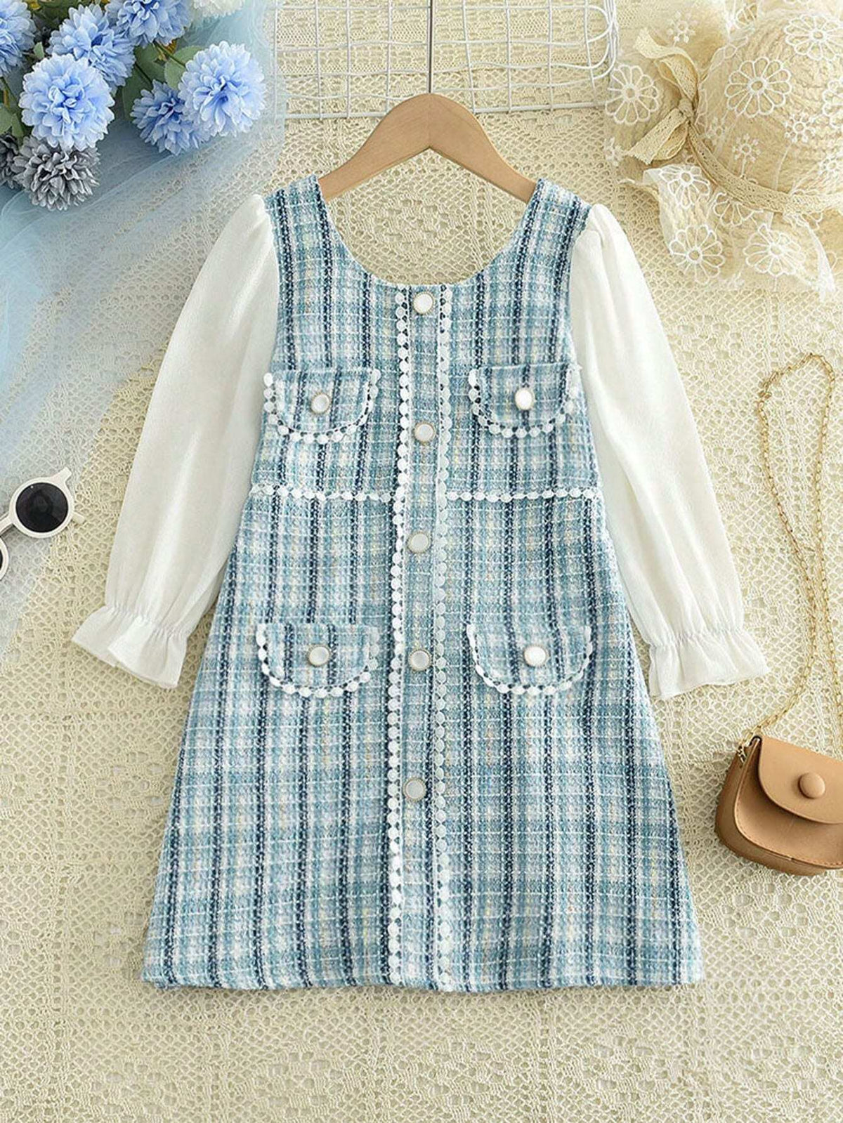 Young Girl' Elegant Puff Sleeve Pearl Button Plaid Print Dress, Spring Autumn
