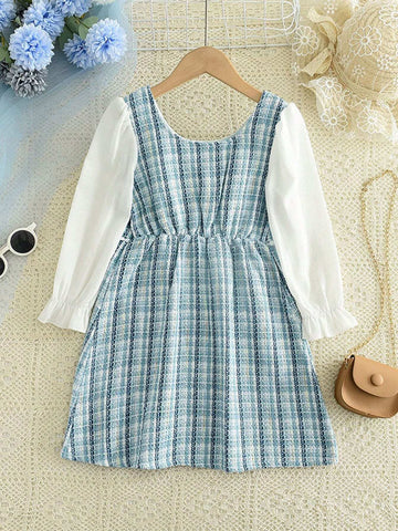 Young Girl' Elegant Puff Sleeve Pearl Button Plaid Print Dress, Spring Autumn
