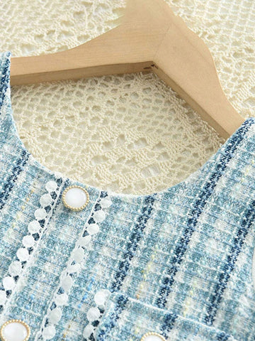 Young Girl' Elegant Puff Sleeve Pearl Button Plaid Print Dress, Spring Autumn