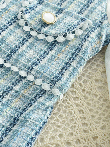 Young Girl' Elegant Puff Sleeve Pearl Button Plaid Print Dress, Spring Autumn