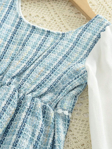 Young Girl' Elegant Puff Sleeve Pearl Button Plaid Print Dress, Spring Autumn