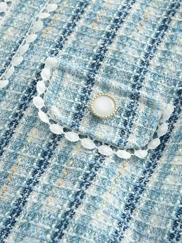 Young Girl' Elegant Puff Sleeve Pearl Button Plaid Print Dress, Spring Autumn