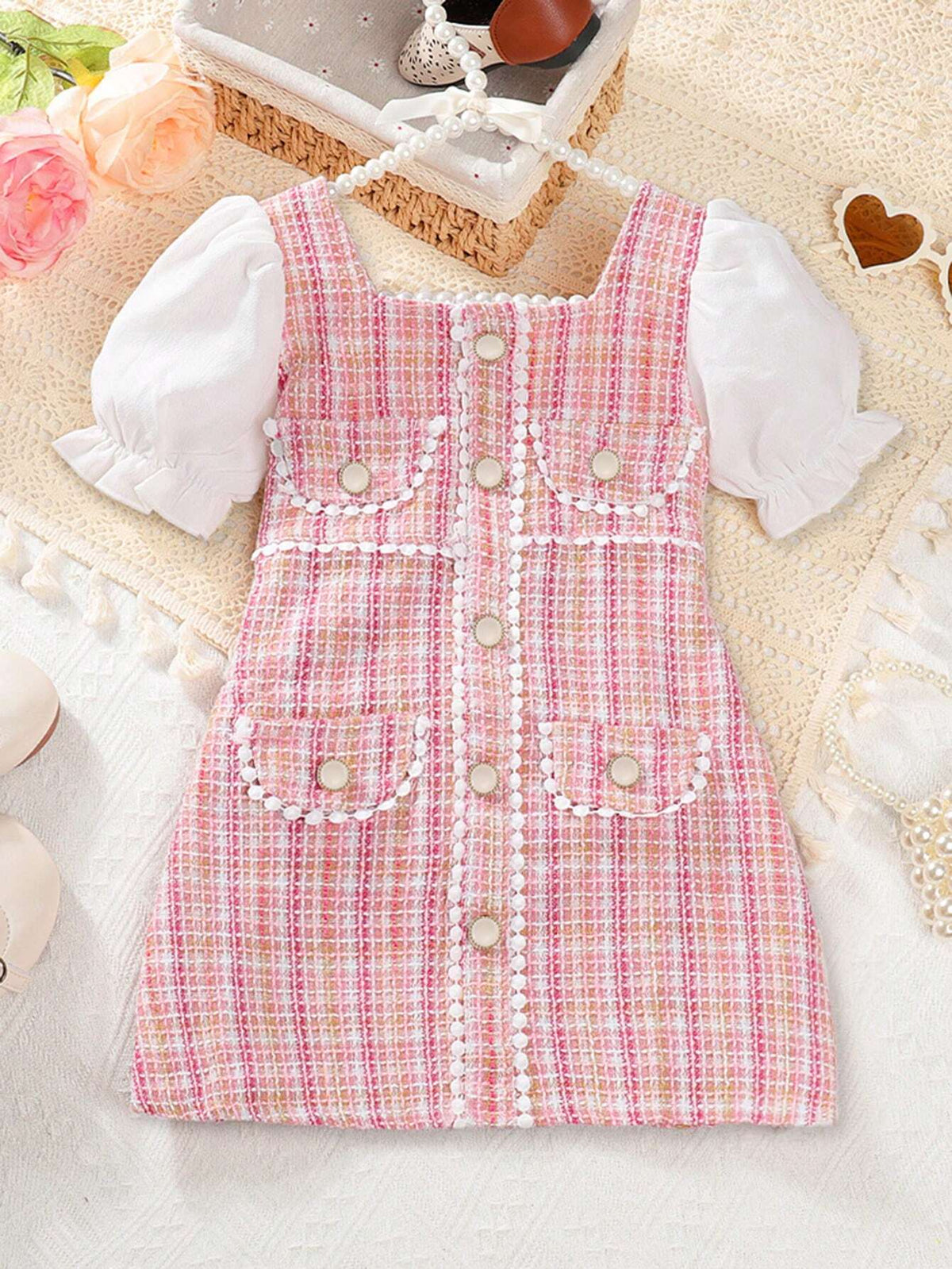 Young Girl Elegant Puff Sleeve Plaid Dress With Pearl Button, Summer