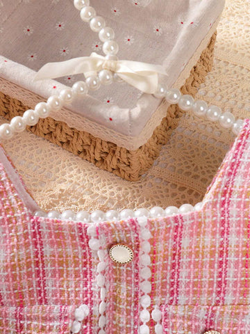 Young Girl Elegant Puff Sleeve Plaid Dress With Pearl Button, Summer