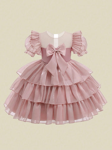 Young Girl Elegant Puff Sleeve Tulle Dress With Bow Decoration For Host, Birthday Party, Showcasing And Walking