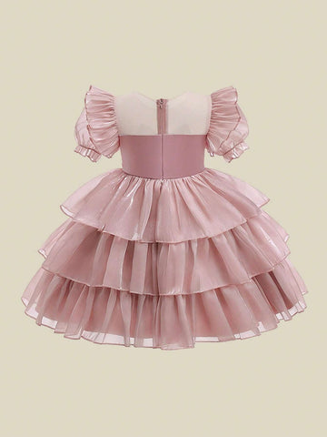 Young Girl Elegant Puff Sleeve Tulle Dress With Bow Decoration For Host, Birthday Party, Showcasing And Walking